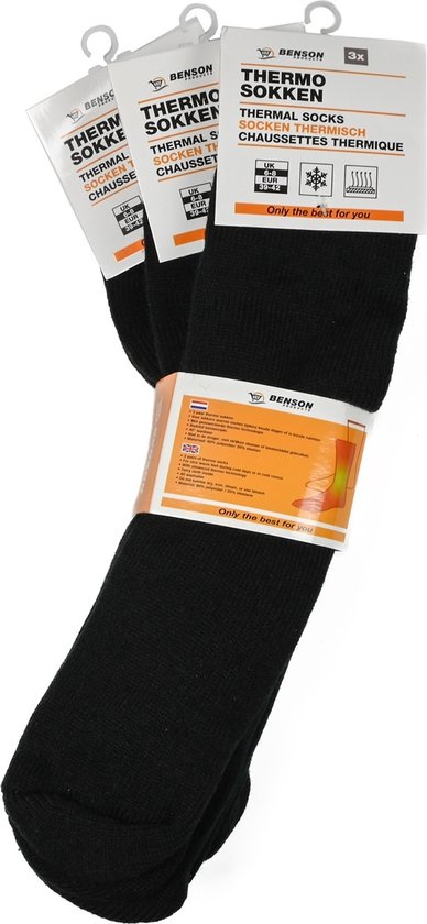 Verpakking van 3 paar zwarte Benson thermische sokken.
