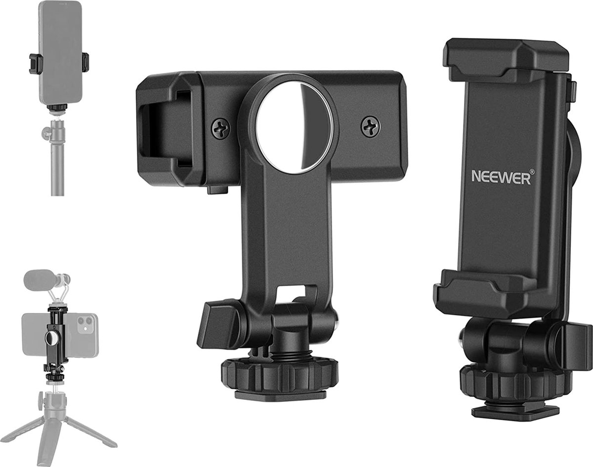 Neewer® - Telefoonstatief - Bevestigingsadapter met Spiegel - 360° Draaibare elefoonhouder voor Statief - Selfiestick met Cold Shoe Houder en 1/4