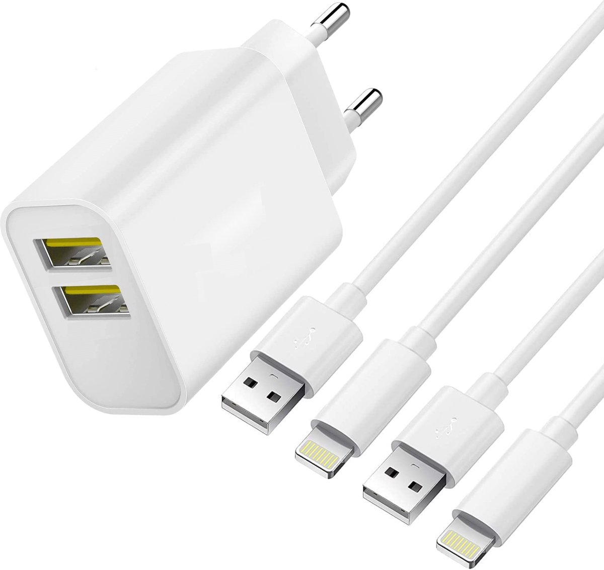 USB Adapter met 2x Oplader Kabel 1 Meter - Geschikt voor iPhone 7,8,X,SE - Wit