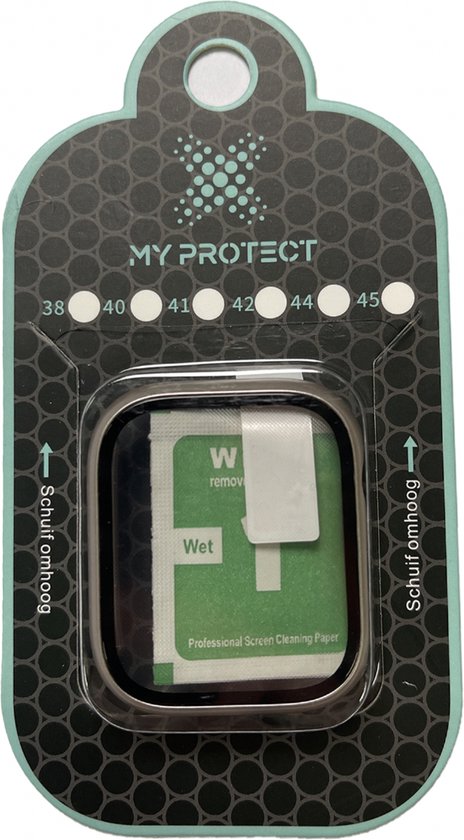 MY PROTECT verpakking met Apple Watch screenprotector en reinigingsdoekjes voor 38-45mm.