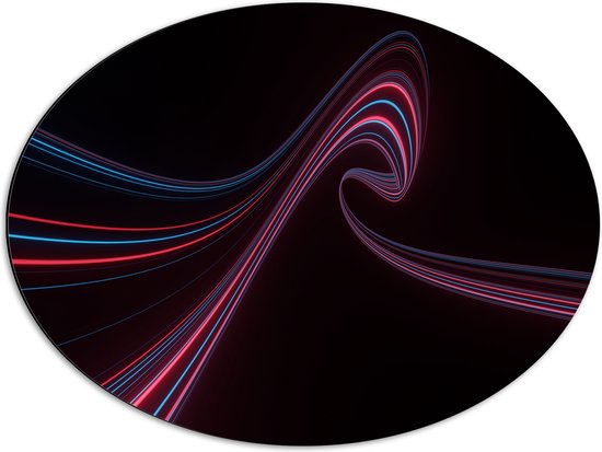 Dibond Ovaal - Golvenede Blauwe en Rode Lijnen tegen Zwarte Achtergrond - 68x51 cm Foto op Ovaal (Met Ophangsysteem)
