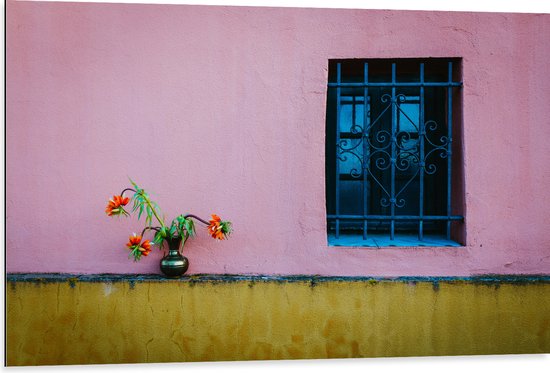 Dibond - Vaasje met Bloemen op Muur van Roze Woning - 105x70 cm Foto op Aluminium (Wanddecoratie van metaal)