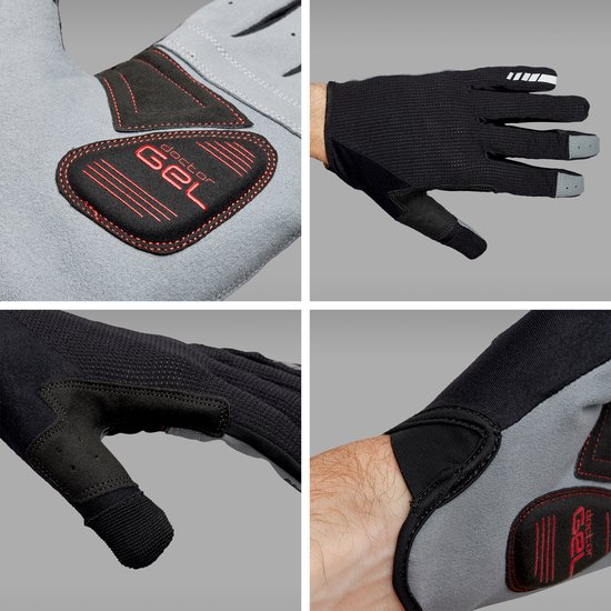 Collage van vier close-ups van lichtgrijze en zwarte fietshandschoenen met "doctor GEL" padding en "NEVER LOSE YOUR GRIP" tekst.