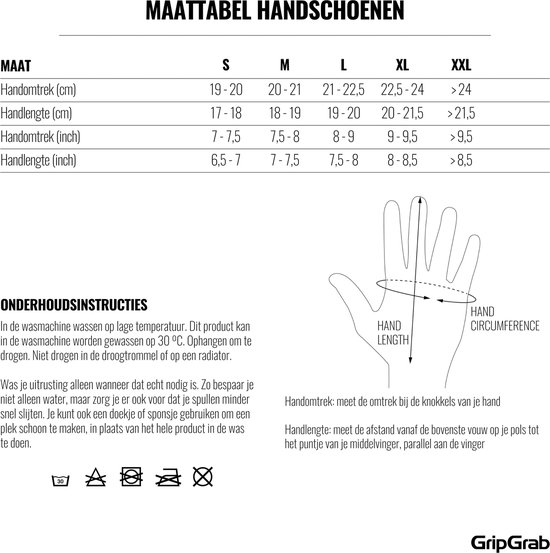Maattabel met handomtrek en handlengte voor handschoenen, met onderhoudsinstructies en tekening van handmeting.