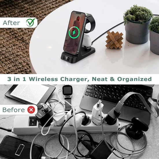 Chargeur sans fil Belkin MagSafe 3 en 1, charge rapide iPhone 15 W, charge  rapide Apple Watch, station de charge AirPods pour iPhone 13, 12, Pro, Pro  Max, Mini, AppleWatch Series 7,6,5,4,SE AirPods Noir 