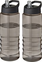 Sport bidon Hi-eco gerecycled kunststof - 2x - drinkfles/waterfles - donkergrijs/zwart - 750 ml