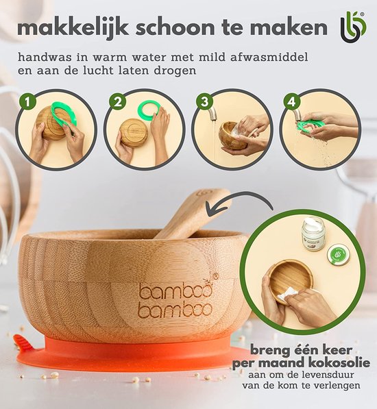 Ensemble Bol Bébé Avec Ventouse Et Cuillère - Bambou Naturel Anti-dérapant Orange