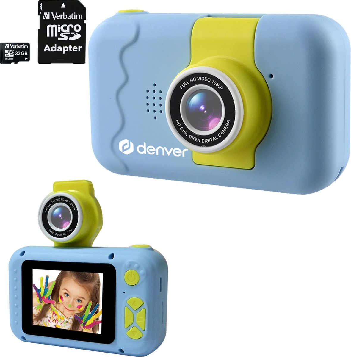 Denver Kindercamera Full HD - Incl. 32GB SD Kaart - Flip Lens voor Selfies - 40MP - Digitale Camera Kinderen - Foto en Video - Spelletjes - KCA1350 - Blauw