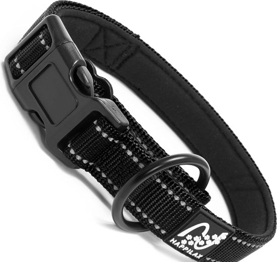 Happilax halsband voor kleine honden gewatteerd, in maat verstelbaar en reflecterend met trekstop, 35-40 cm, zwart
