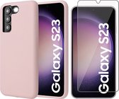 Hoesje geschikt voor Samsung Galaxy S23 - Screen Protector GlassGuard - Back Cover Case SoftTouch Roze & Screenprotector