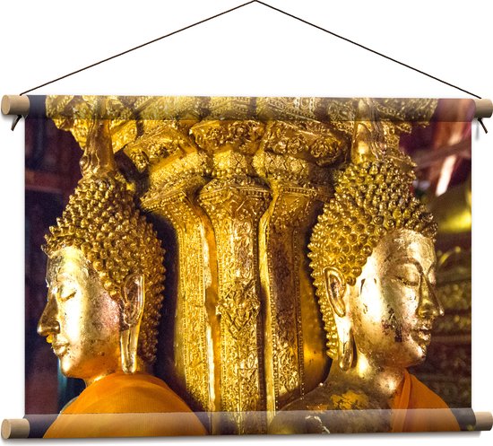 Textielposter - Pilaar met Gouden Boeddha's en Details - 60x40 cm Foto op Textiel
