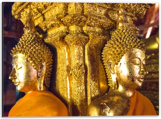 Dibond - Pilaar met Gouden Boeddha's en Details - 40x30 cm Foto op Aluminium (Met Ophangsysteem)