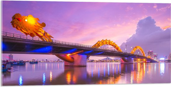 Acrylglas - Paarse Lucht boven Verlichte Dragon brug in Da Nang, Vietnam - 100x50 cm Foto op Acrylglas (Met Ophangsysteem)