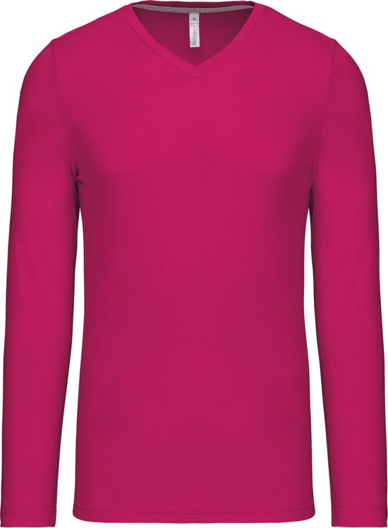 Herenshirt met lange mouwen en V-hals Fuchsia - L