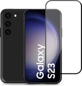 Geschikt voor Samsung S23 Hoesje + Screenprotector – Full Cover Gehard Glas – Suède Back Cover Case Zwart
