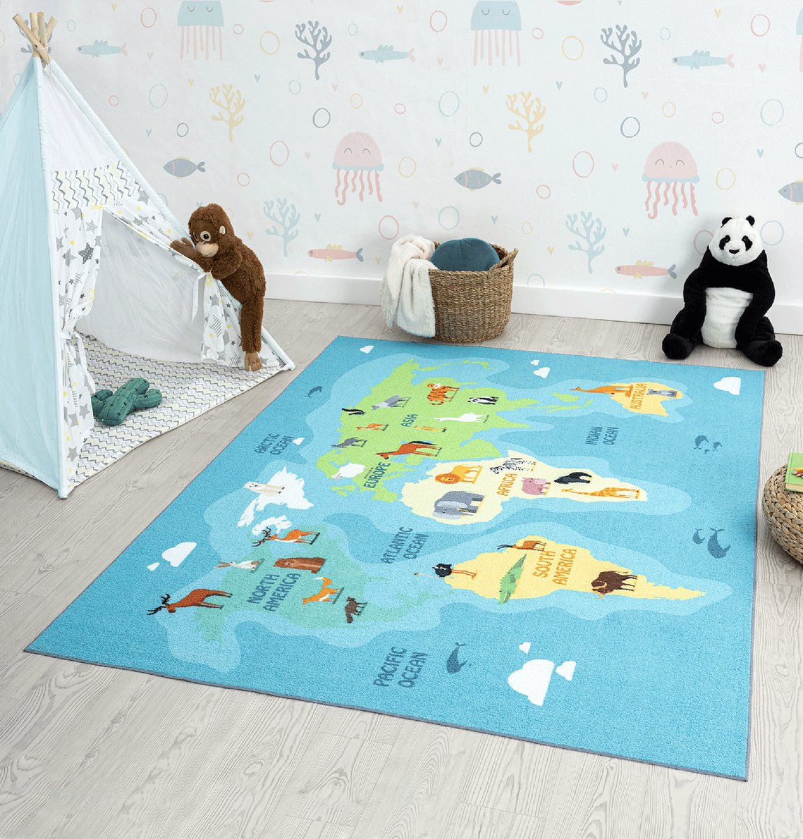 the carpet Happy Life – Speelkleed, kindertapijt met wereldkaart en dieren, antislip, blauw met wereldprint, 80 x 150 cm
