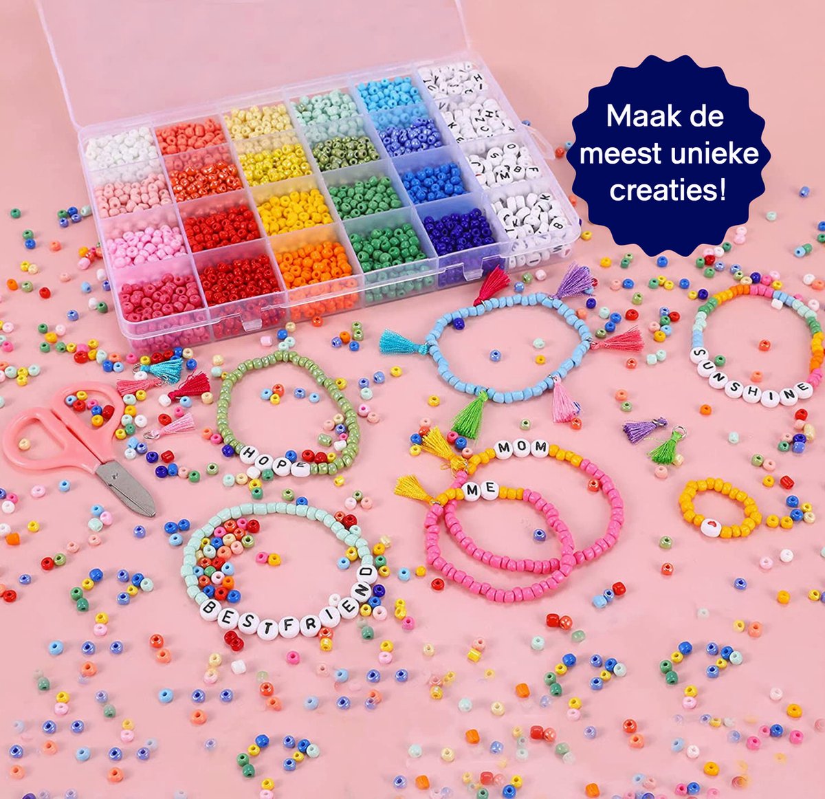 Premium Creatives Kralen Set - Sieraden Maken - Glas Kralen - Letterkralen – Kralen doos - Bedels - Rocailles - Complete set — afbeelding 4