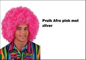 Afro pruik luxe pink met zilver - Carnaval thema feest optocht