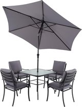NATERIAL - Salon de jardin RONO - 4 personnes - table de jardin 86 x 86 x 71 cm avec plateau en verre - 4 chaises de jardin avec accoudoirs - avec coussins - parasol ⌀270 cm - acier - anthracite - salon