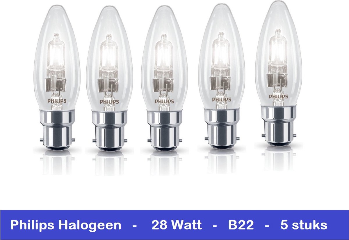PHILIPS HALOGEEN KAARS - 5 STUKS - B22 BAJONET FITTING - 28 WATT - DIMBAAR - 5 x 8718291737575