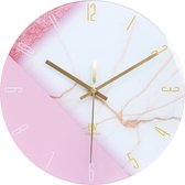 LW Collection wandklok glas wit roze 30cm - stille klok marmer - glazen wandklok - keukenklok stil uurwerk