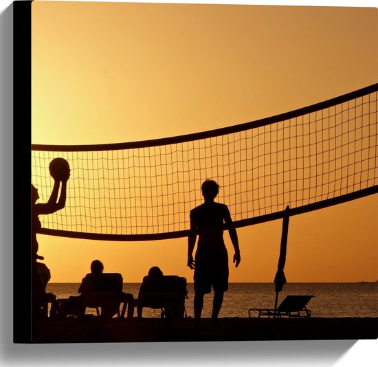 Canvas - Silhouet van Gelukkig Familie op het Strand tijdens Volleybal - 40x40 cm Foto op Canvas Schilderij (Wanddecoratie op Canvas)
