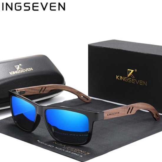Zwarte bril met houten pootjes, blauw spiegelende glazen, inclusief Kingseven brillenkoker, doos en doek.