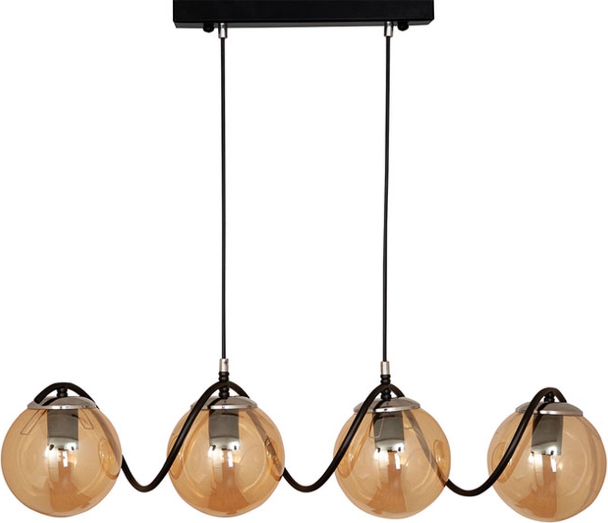 Chesto Delta Honey Black - Luxe Industriële Hanglamp - 4 Glazen Bollen Honinggoud - Eetkamer, Woonkamer