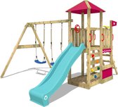 WICKEY speeltoestel klimtoestel Smart Savana met schommel & turquoise glijbaan, outdoor kinderspeeltoestel met zandbak, ladder & speelaccessoires voor in de tuin
