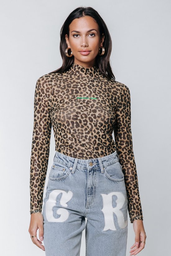 Leopard Mesh Turtleneck Top - Multicolor