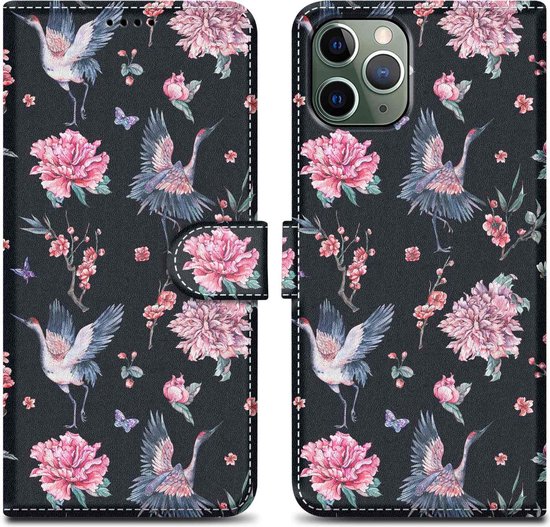 Coque Cadorabo pour Apple iPhone 11 PRO MAX - Design Crane & Fleurs No 9 - Pochette de protection avec fermeture magnétique, fonction stand et poche pour cartes
