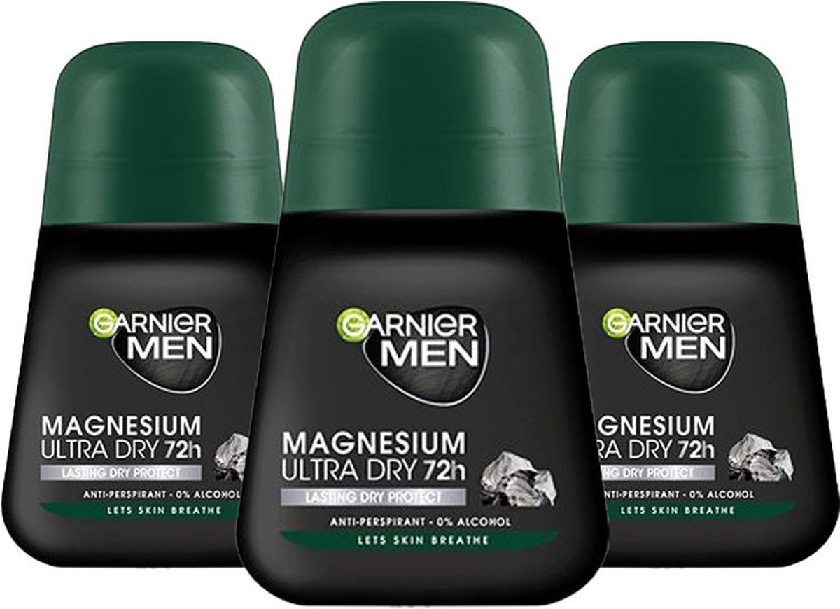 Garnier Men Magnesium Ultra Dry Deodorant Man - 3 x 50 ml - 72h Droge Oksels - Deodorant Roller - 0 % Ethyl Alcohol