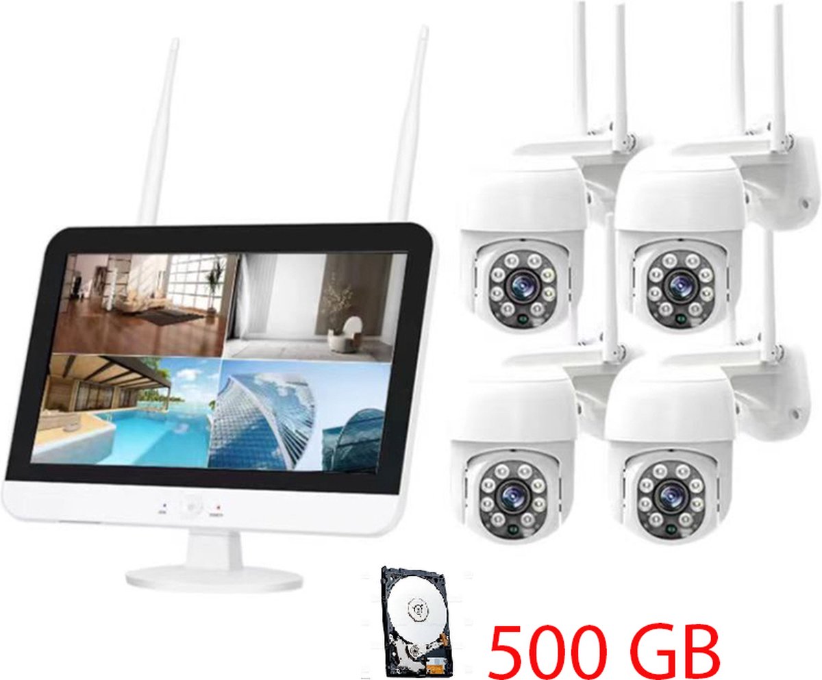 Zexi Beveiligingscamera met scherm | 4 Camera’s | Wifi Camera Set | Dome IP Camera’s | Bewegingsdetectie gekleurd nachtzicht | Audio | 500 GB