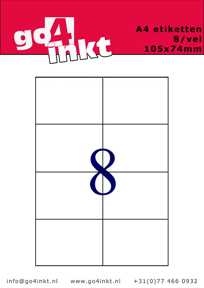 Go4inkt A4 Etiketten 8/vel 105mm x 74mm (100 vel) stickervellen wit