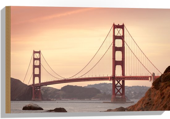 Hout - Rode Brug - San Francisco - 60x40 cm - 9 mm dik - Foto op Hout (Met Ophangsysteem)