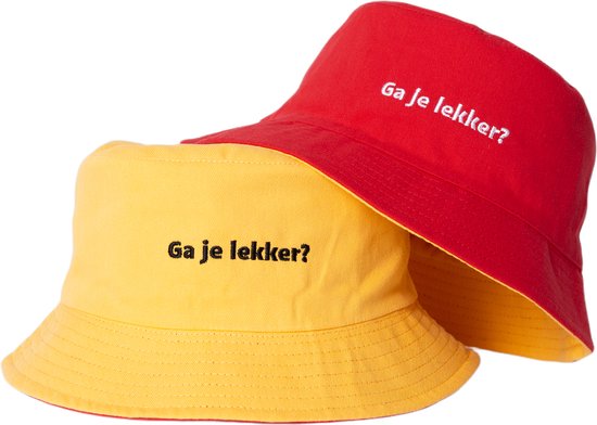 Reversible bucket hat - mybuckethat - ga je lekker - geel/rood - vissershoedje - katoen - geborduurd