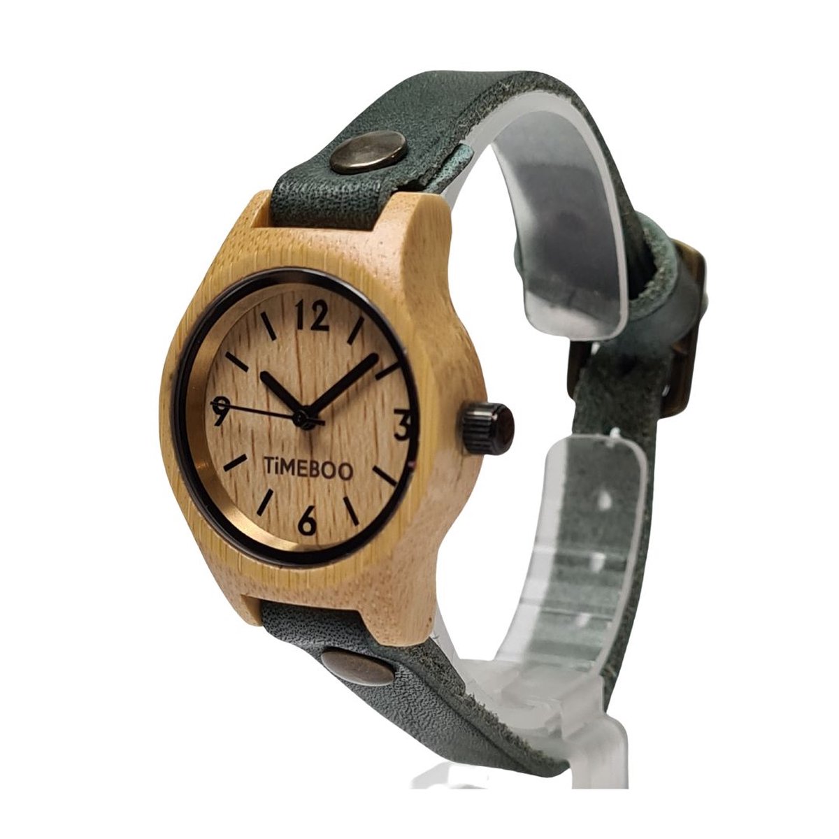 Dames horloge bamboe hout SMALL Forest green leren band
