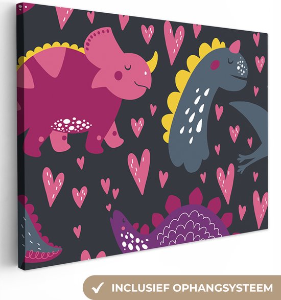 Schilderij voor kinderen - Canvas schilderij - Dino - Design - Roze - Hartje - Kinderen - Slaapkamer decoratie - Canvas doek - 160x120 cm