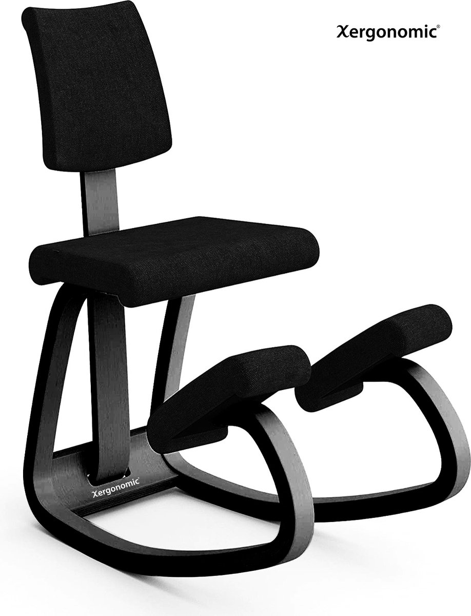 Xergonomic Sphynx Black – Ergonomische kniestoel met brede rugleuning – Nieuw model - Balansstoel – Werkkruk – Ergonomisch en Duurzaam – Bureaustoel – Werkstoel - Vermindert nekpijn & rugpijn – Ergochair – Office Chair – FSC® Essenhout - Zwart