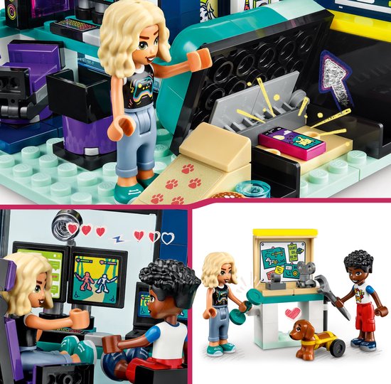 LEGO Friends minipoppetjes bouwen een gamingkamer, werken aan een computer en spelen met een hond.