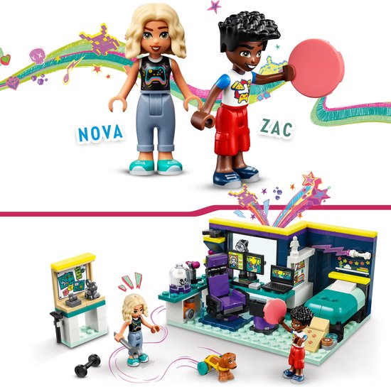 LEGO Friends Nova en Zac met minipoppetjes en een speelgoed-kamer opstelling.