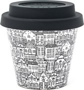 Quy Cup - 90ml Ecologische Reis Beker - Espressobeker “Casette - Houses” met Zwarte Siliconen deksel