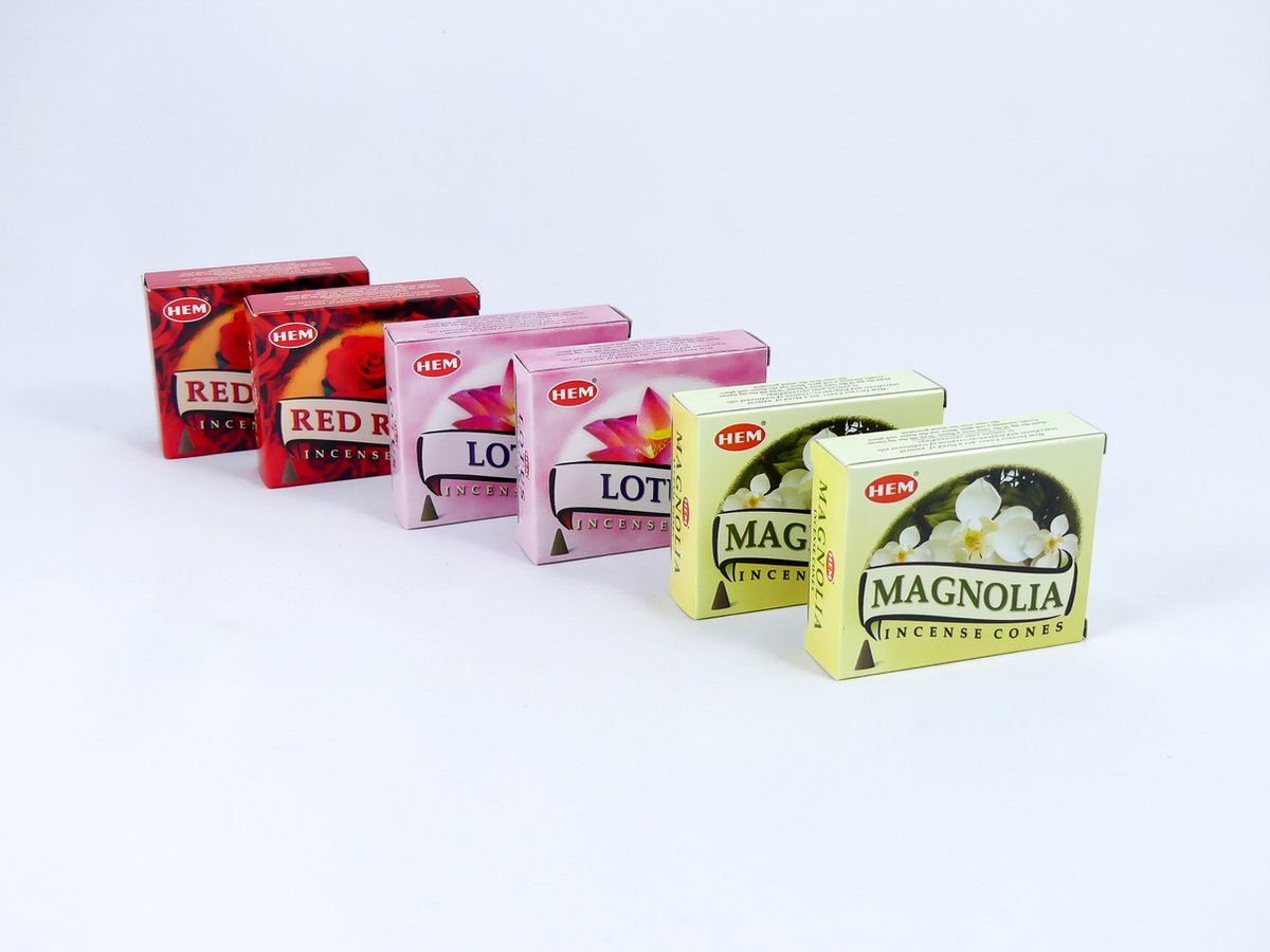 HEM Wierook Verschillende Geuren Set - Kegels / Cones - Rode Roos - Magnolia - Lotus / Red Rose - Magnolia - Lotus