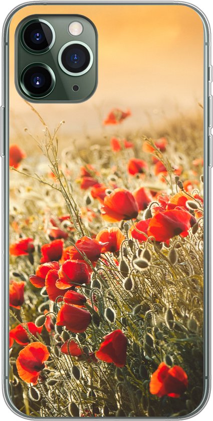 Telefoonhoesje Geschikt voor iPhone 11 Pro hoesje - Zonnestralen over een bos Klaprozen - Siliconen Telefoonhoesje