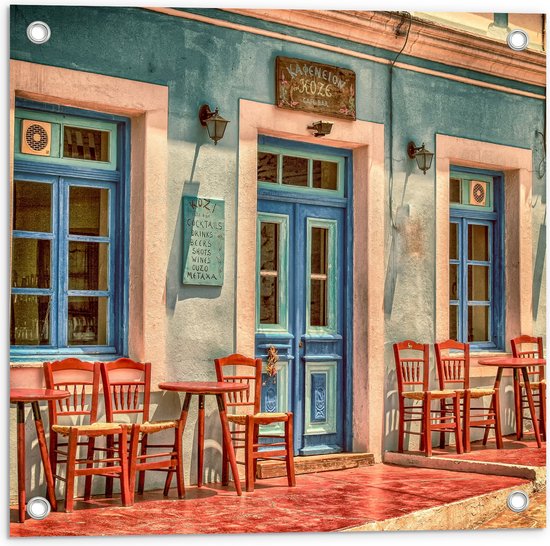 WallClassics - Tuinposter – Grieks Café - 50x50 cm Foto op Tuinposter (wanddecoratie voor buiten en binnen)
