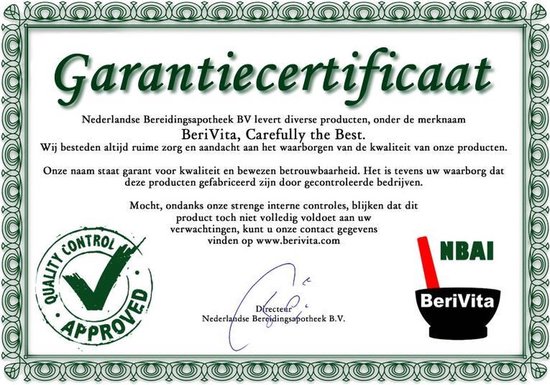 Certificaat met 'Garantiecertificaat', 'Quality Control Approved' en logo's van Berivita.