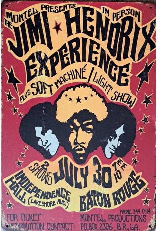Metalen wandbord concertbord Jimi hendrix - 20 x 30 cm