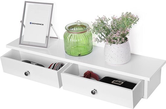 MIRA Home - Wandplank - Kruidenplank - Met Lades - Boekenplank - Fotoplank - Muurdecoratie - Wit - 65x15x10
