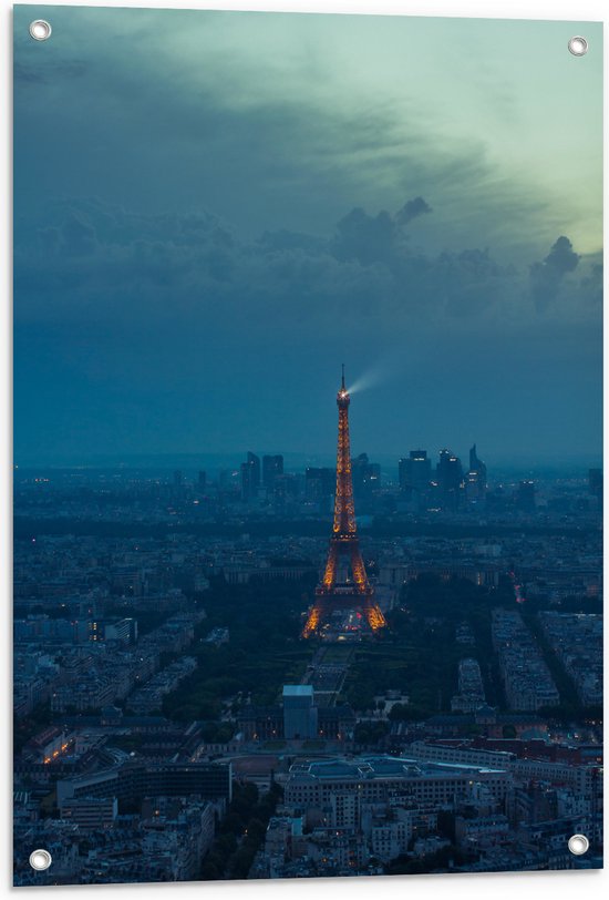 WallClassics - Tuinposter – De Stad Parijs en de Eiffeltoren in de Nacht - 60x80 cm Foto op Tuinposter (wanddecoratie voor buiten en binnen)