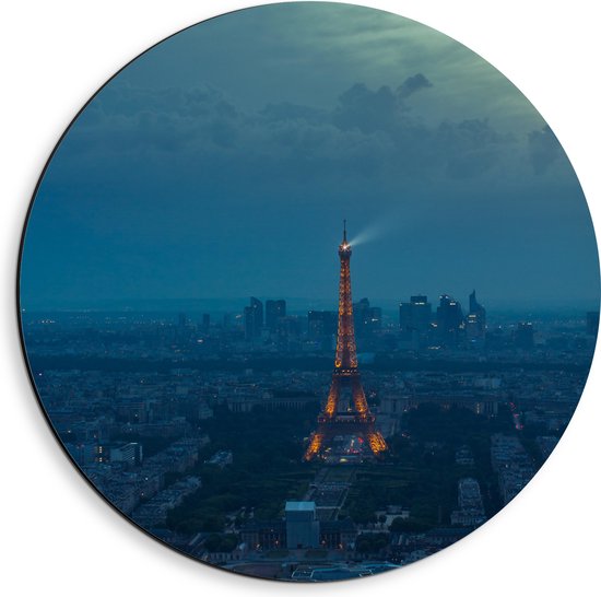 WallClassics - Dibond Muurcirkel - De Stad Parijs en de Eiffeltoren in de Nacht - 40x40 cm Foto op Aluminium Muurcirkel (met ophangsysteem)